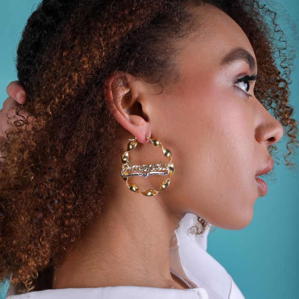 Tres Colori 18 Karat Gold Plated Nameplate Hoop Earrings: Crystal - Picture 2 of 13